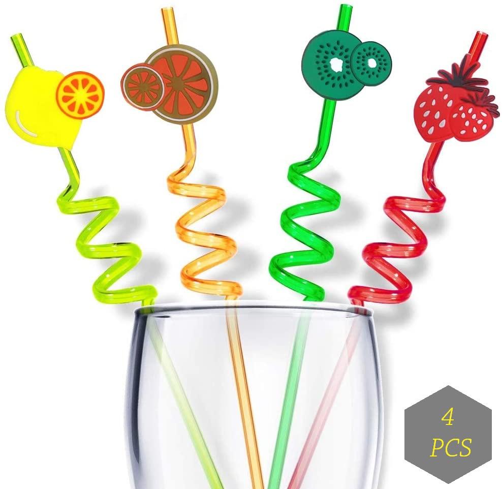 Pack of 4 Straws For Kids, Fruit & Shape Spiral Drinking Straw (Assorted)